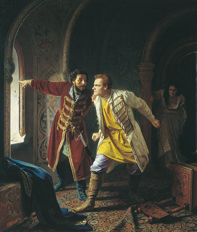 Carl Wenig’s 1879 painting, Last Minutes Of False Dmitriy I. Upon his overthrow, Dmitriy tried to escape through a window, but broke his leg and was immediately captured and shot. (Image: Public domain)